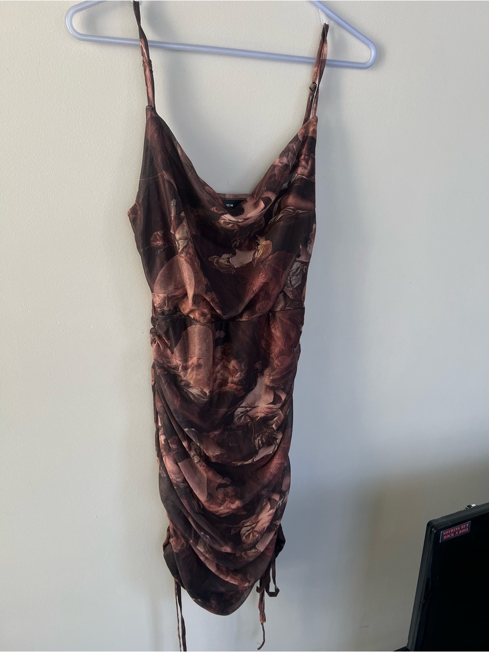 SHEIN Brown Floral Ruched Cowl Slip Dress